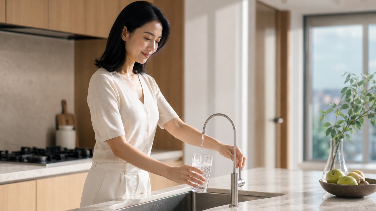居民在家庭厨房从直饮水龙头接水